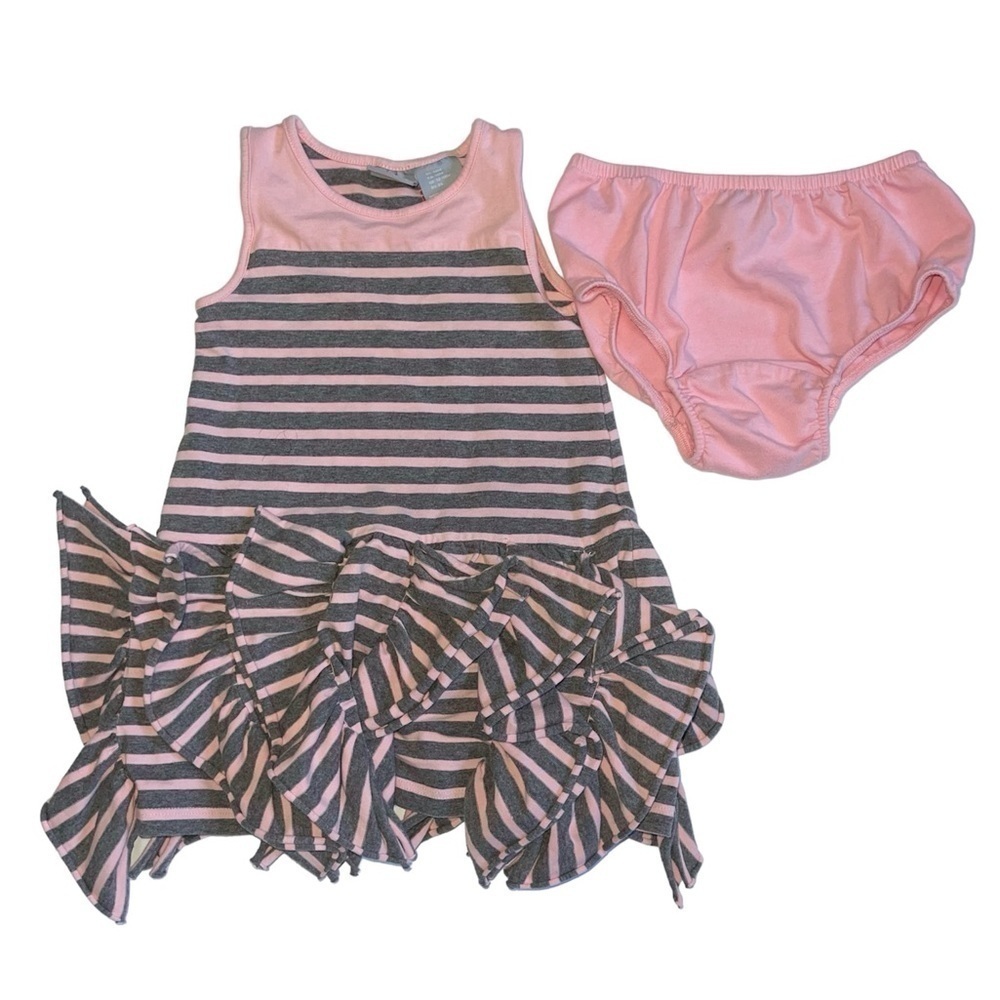 Pink and Gray Stripes Ruffle Hem Dress US 18M